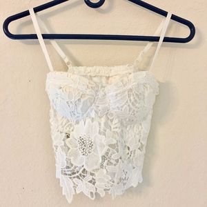 White Lace Bustier Crop Top with Floral Overlay